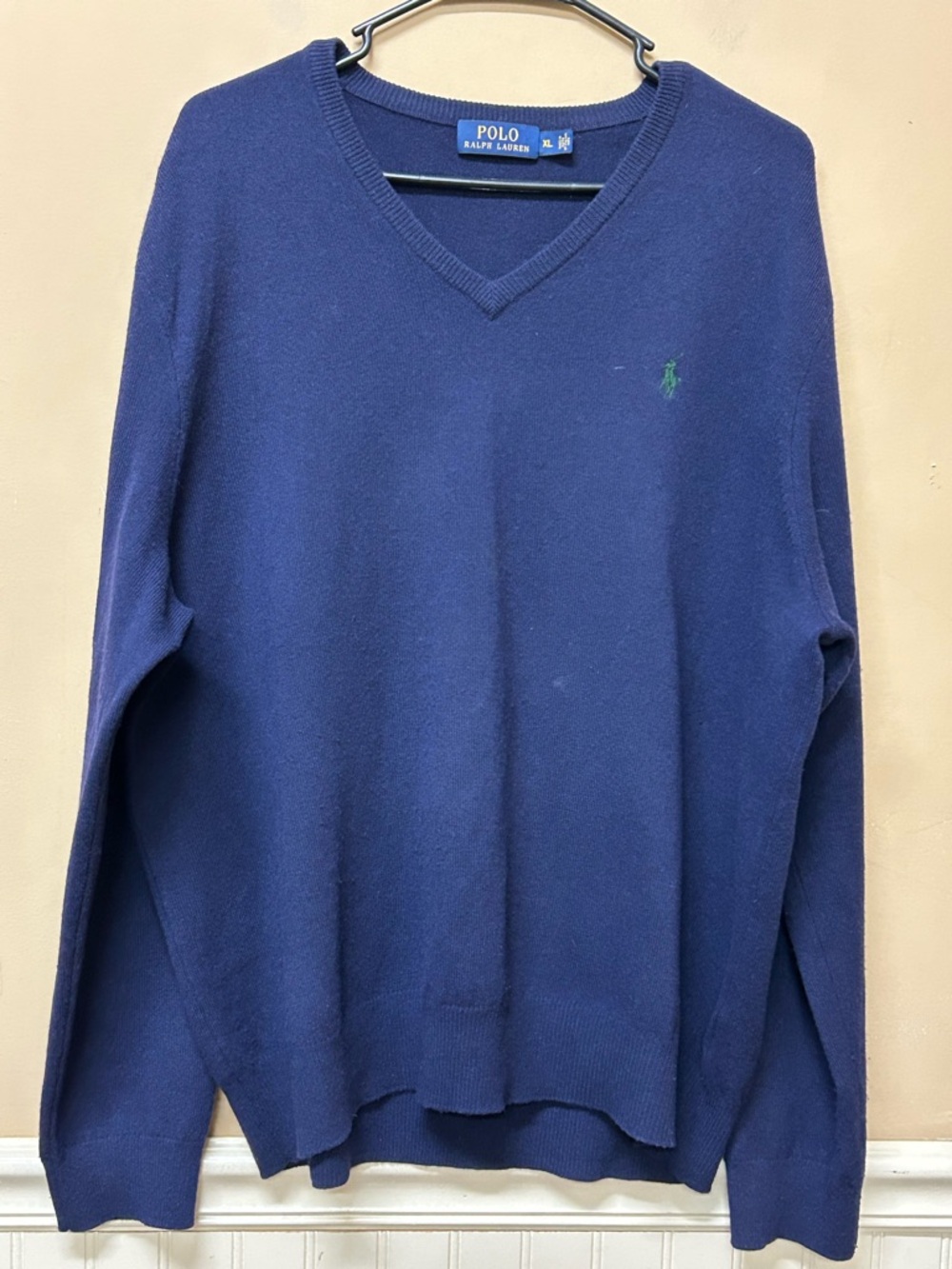 Polo Ralph Lauren Sweater Mens XL Blue V Neck Washable Merino Wool Pullover